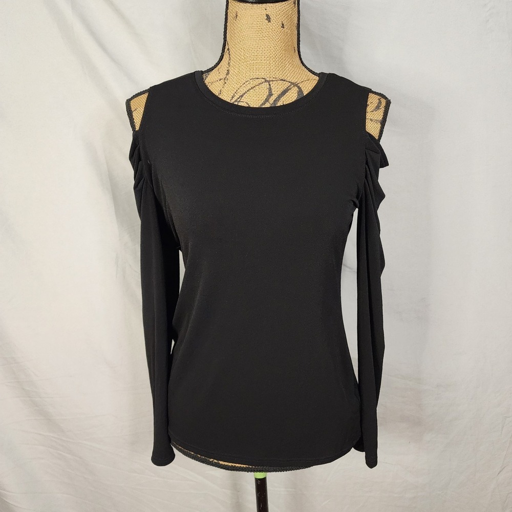 1 STATE Size Medium Black Long Ruched Cold Shoulder Sleeve Whimsigoth Blouse EUC